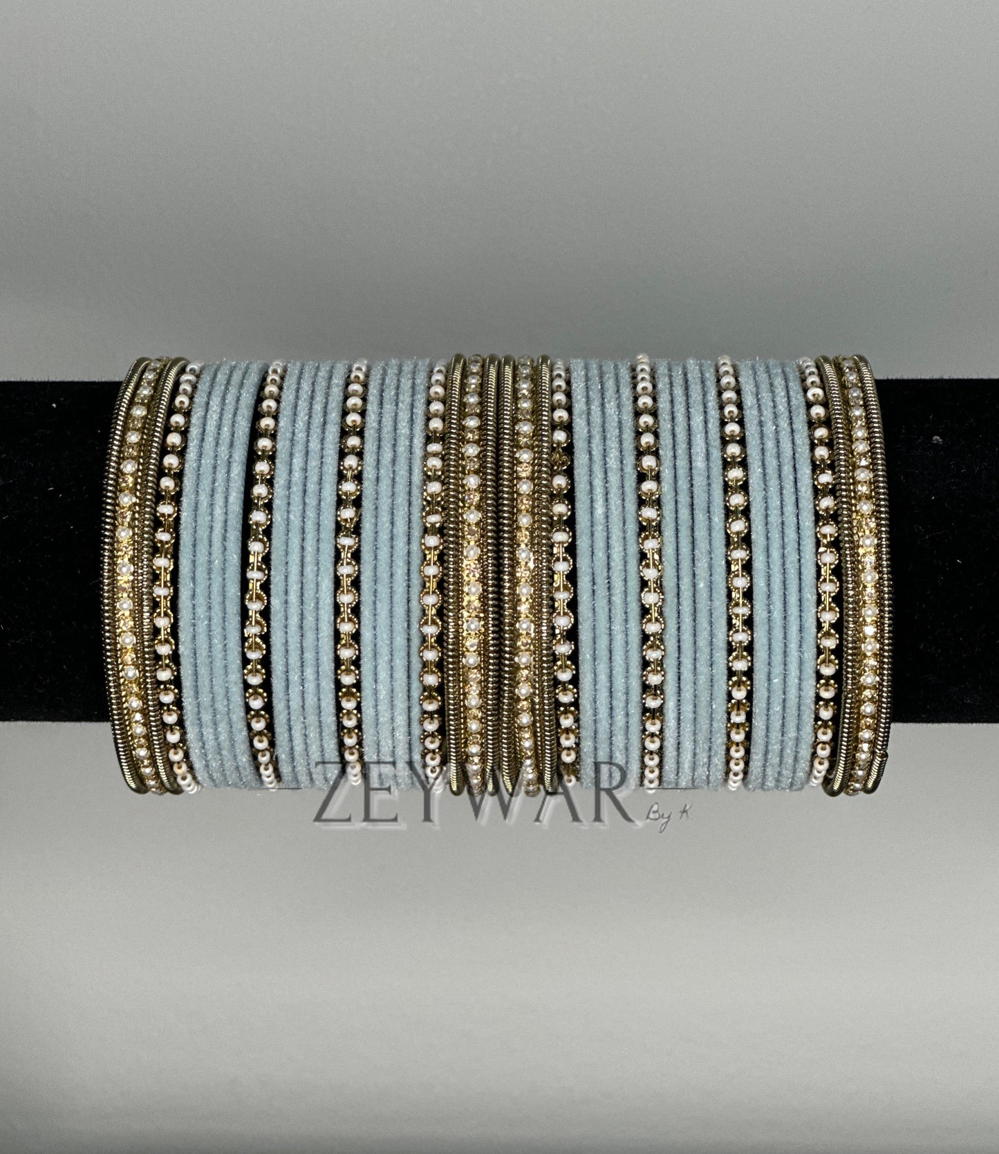 BANGLES | Baby Blue | Velvet Bangles with Pearl & Polki Karey
