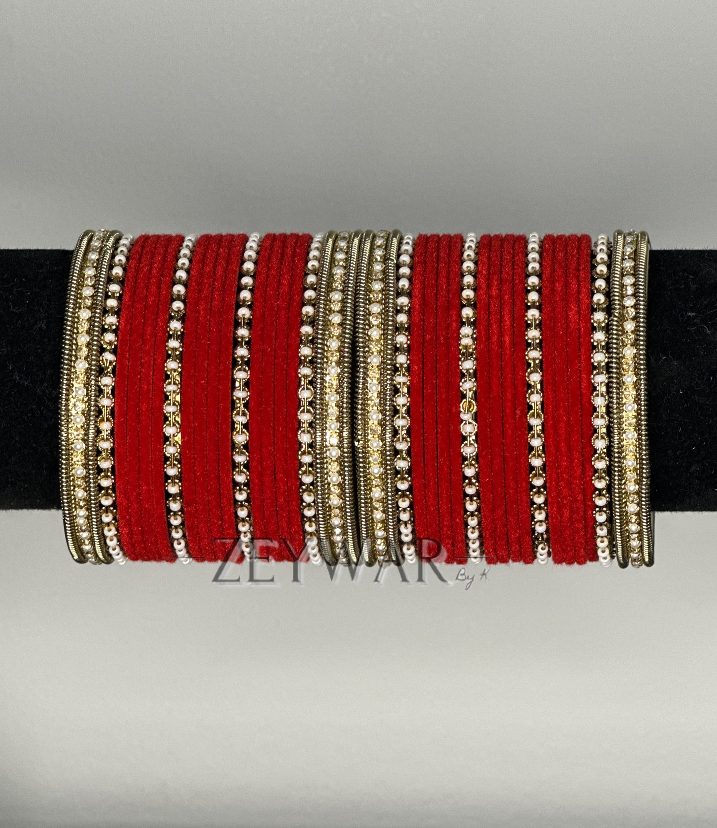 BANGLES | Red | Velvet Bangles with Pearl & Polki Karey