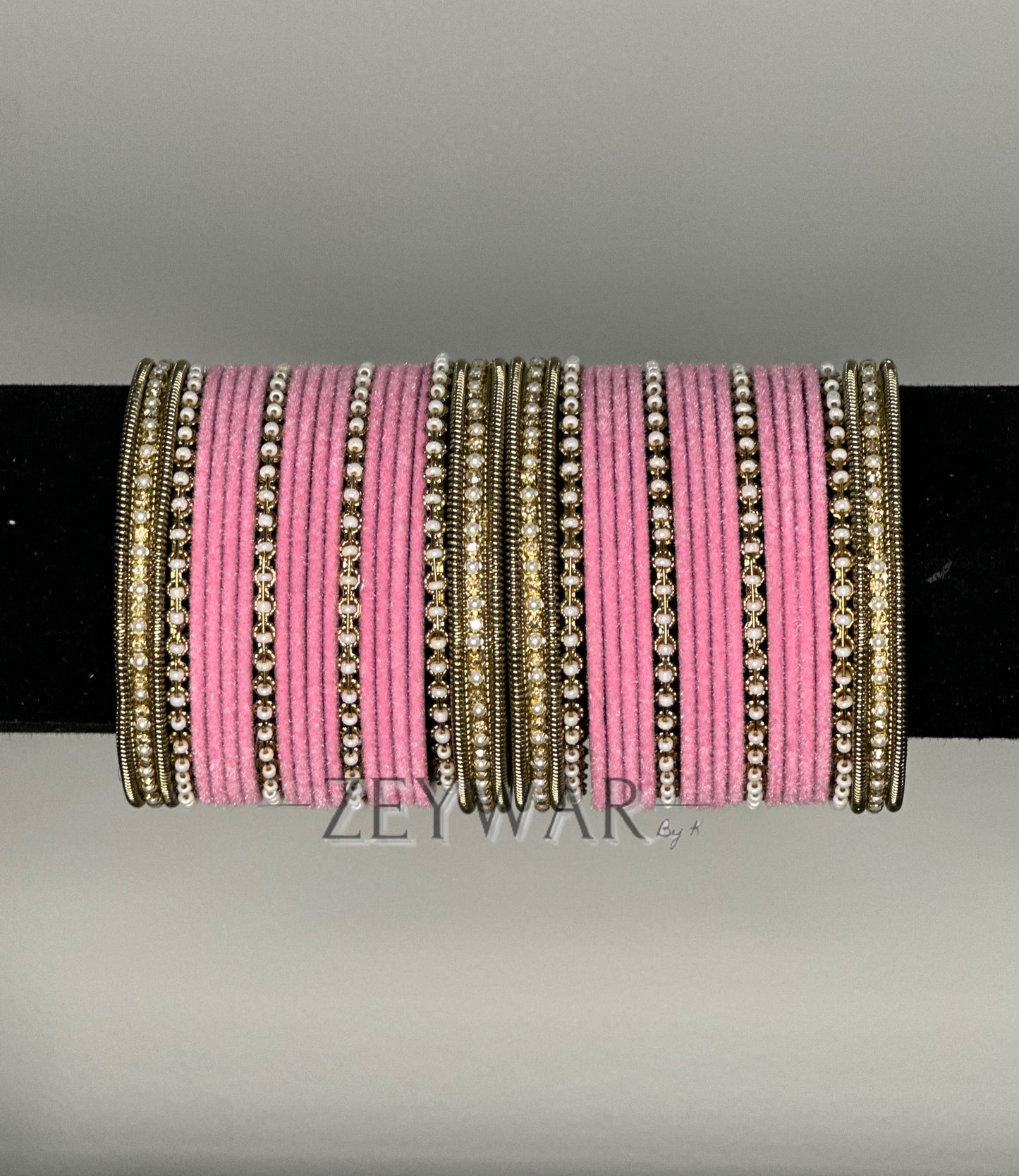 BANGLES | Baby Pink | Velvet Bangles with Pearl & Polki Karey