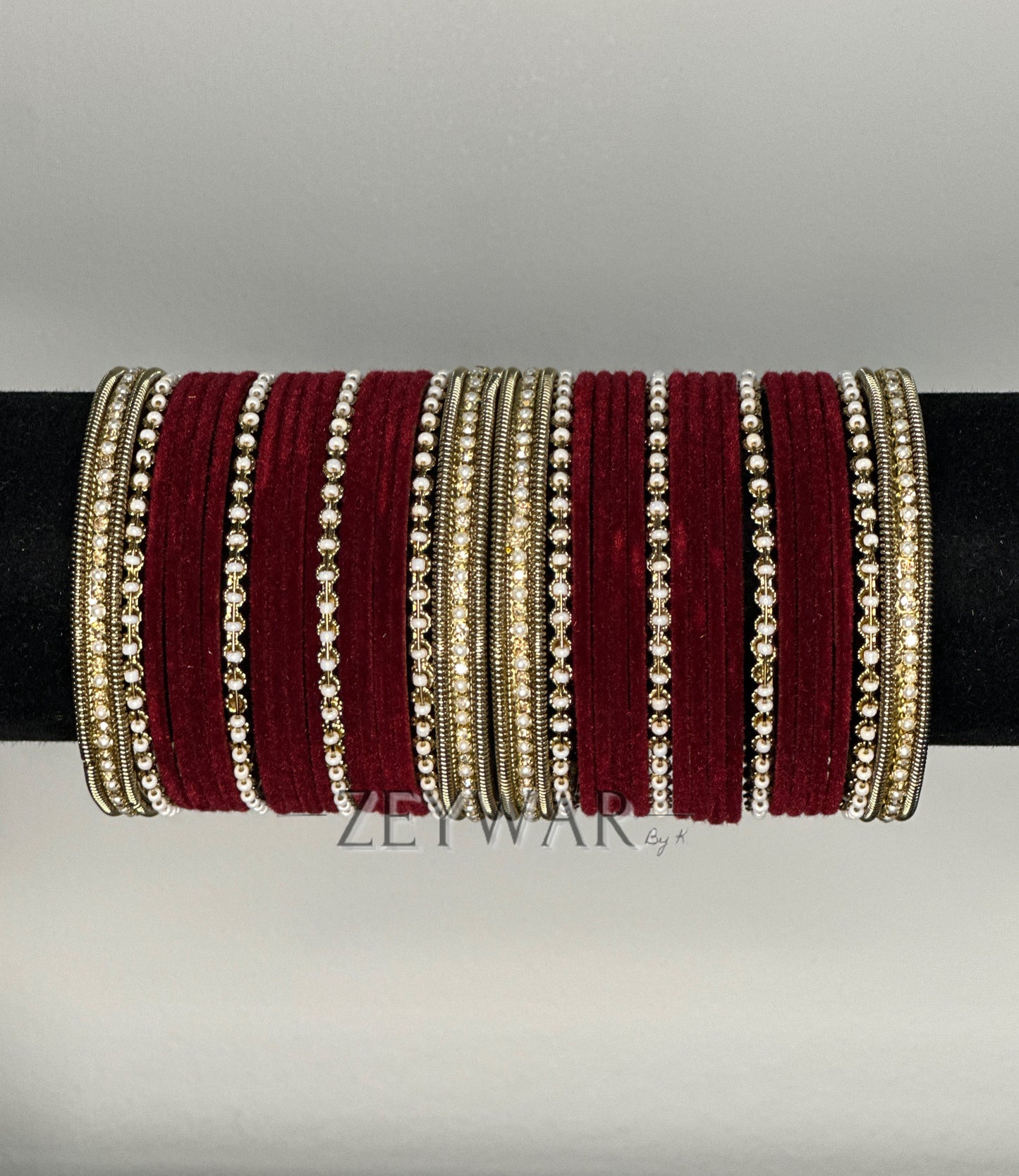 BANGLES | Maroon | Velvet Bangles with Pearl & Polki Karey