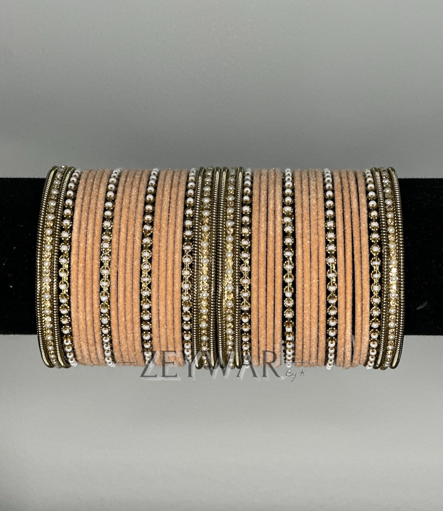 BANGLES | Peach | Velvet Bangles with Pearl & Polki Karey
