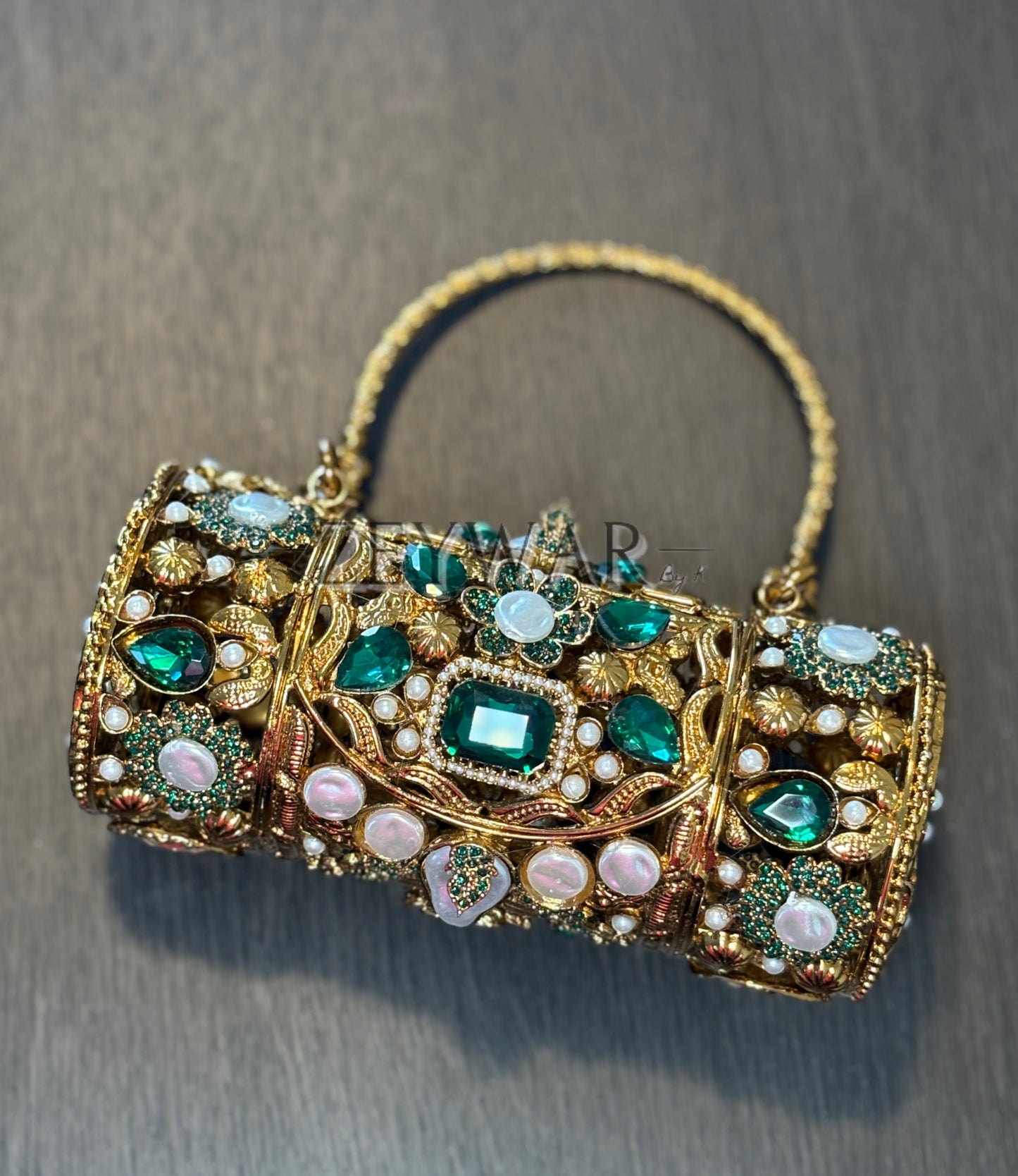 AMAL | Large Embellished Kundan & Metal Clutch with Top Handle