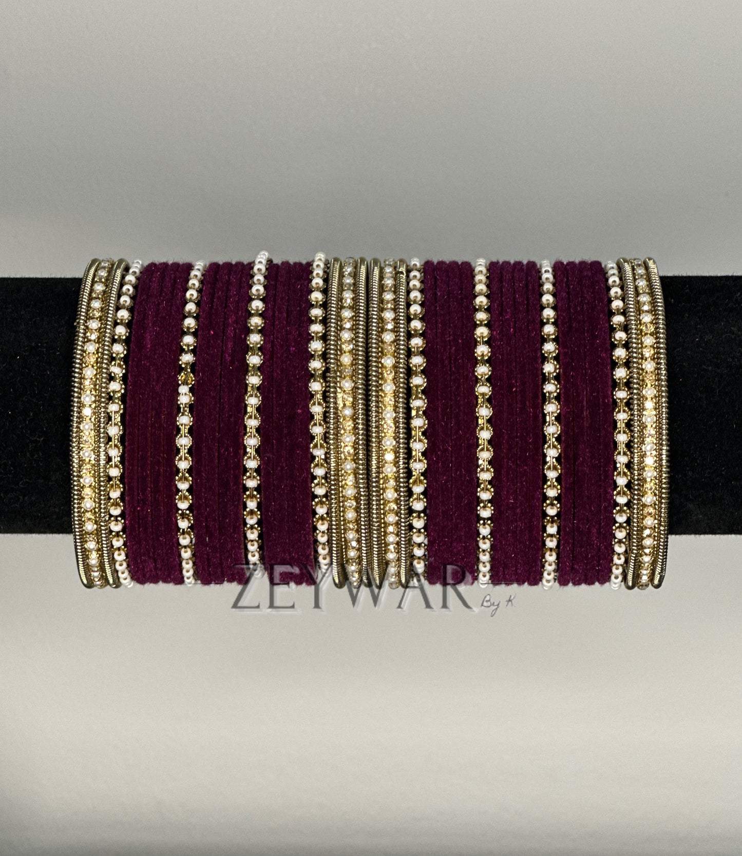 BANGLES | Plum | Velvet Bangles with Pearl & Polki Karey