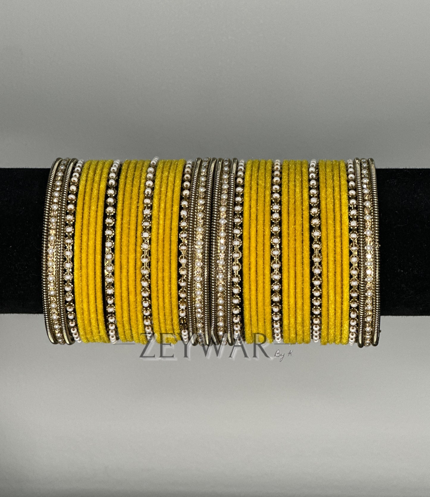 BANGLES | Mustard Yellow | Velvet Bangles with Pearl & Polki Karey