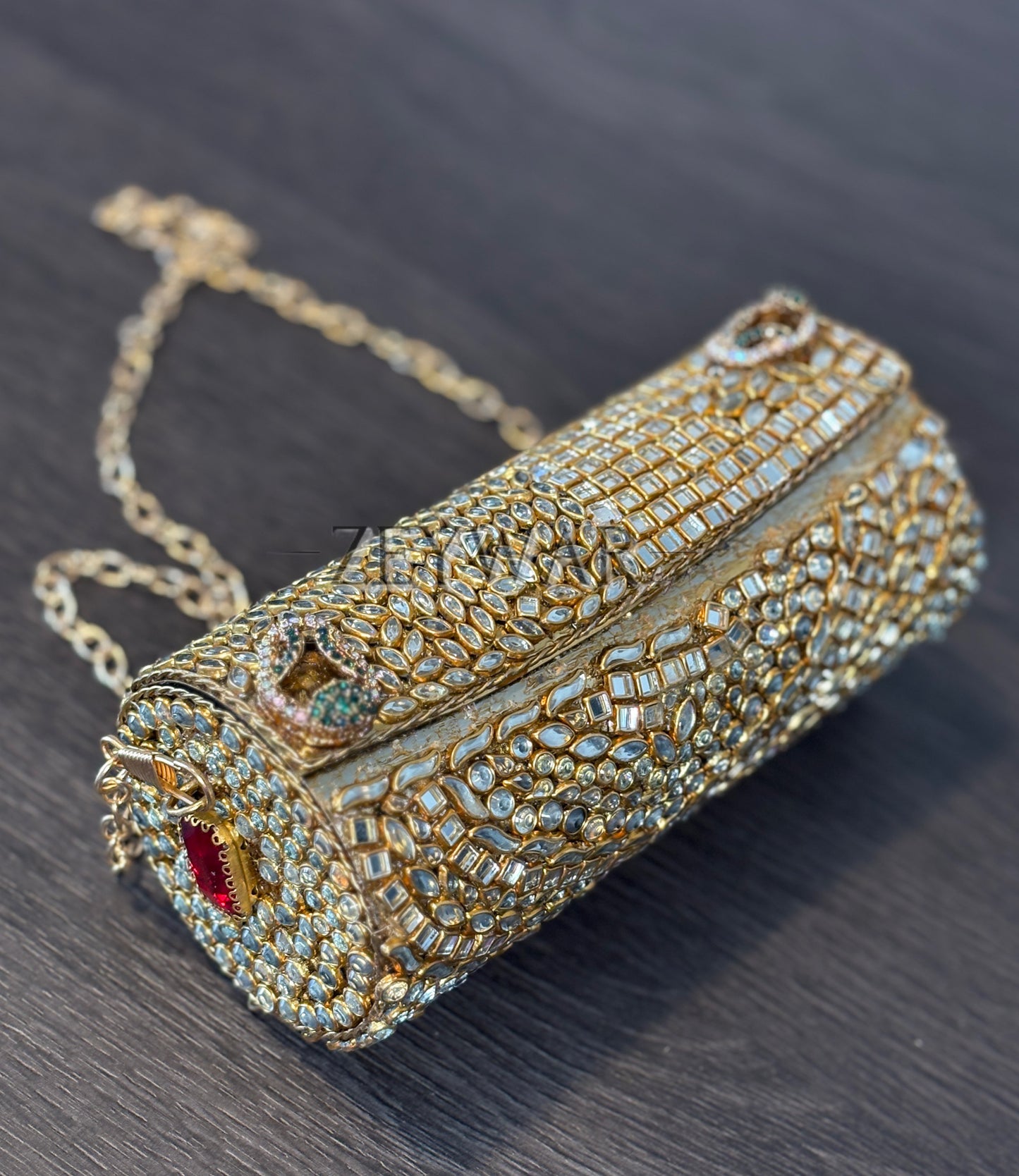 ARISHA | Medium Cylinder Shaped Kundan & Metal Clutch