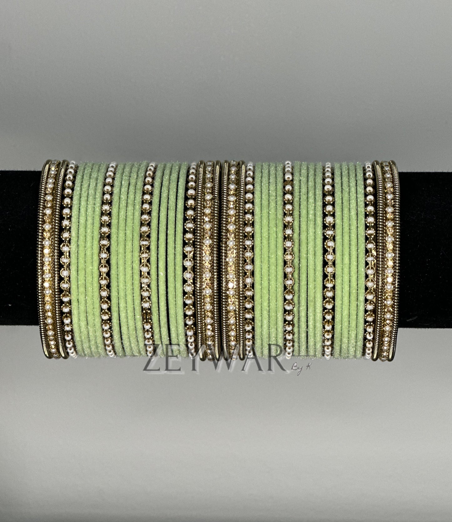 BANGLES | Mint Green | Velvet Bangles with Pearl & Polki Karey