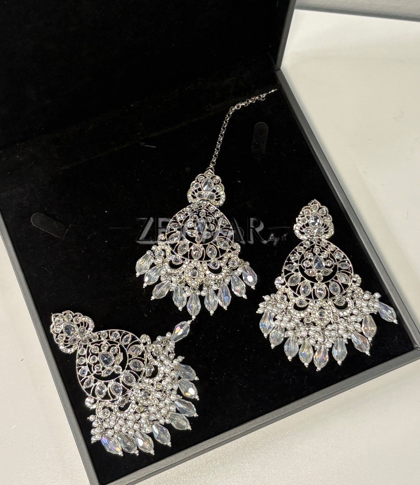 NIHARIKA | Silver Polki Earring & Tikka with Teardrop Pearls