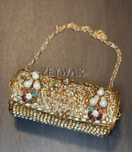 SANYA | Medium Cylinder Shaped Kundan & Metal Clutch