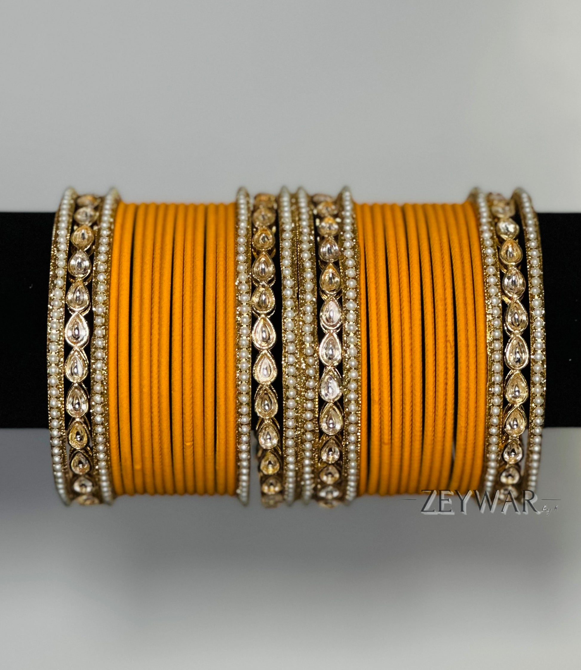 BANGLES | Orange | Glass Bangles with Kundan & Pearl Karey