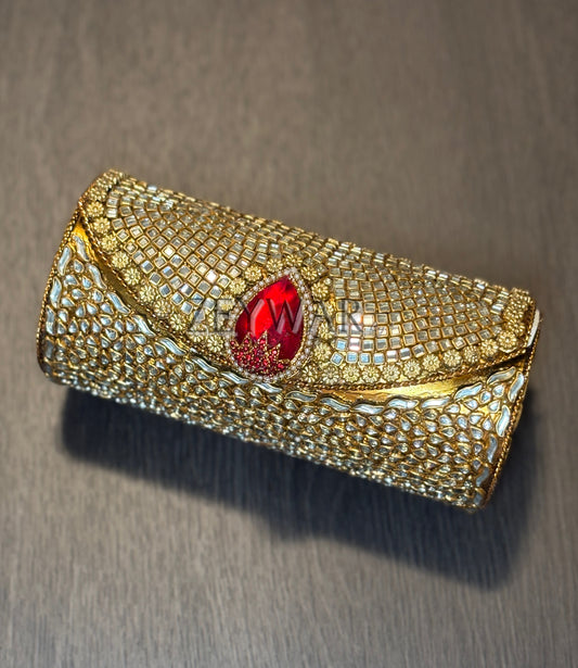 ADINA | Medium Cylinder Shaped Metal & Kundan Clutch