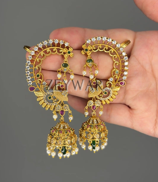 RUBAB | Gold Plated Jhumkis with Ear Cuffs & Peacock Details