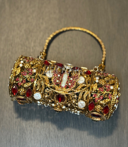 KIRAN | Large Embellished Kundan & Metal Clutch with Top Handle