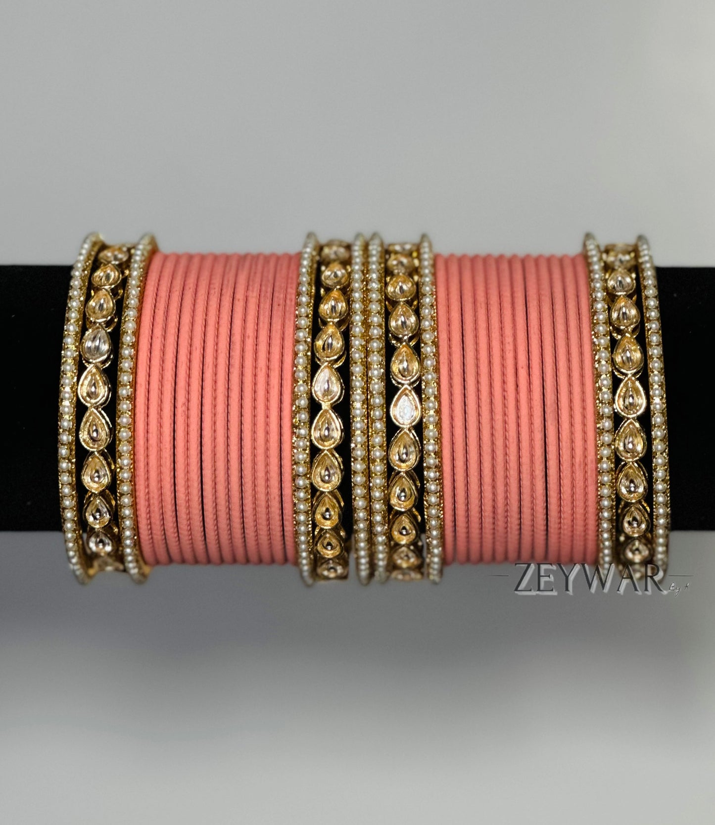 BANGLES | Peach | Glass Bangles with Kundan & Pearl Karey