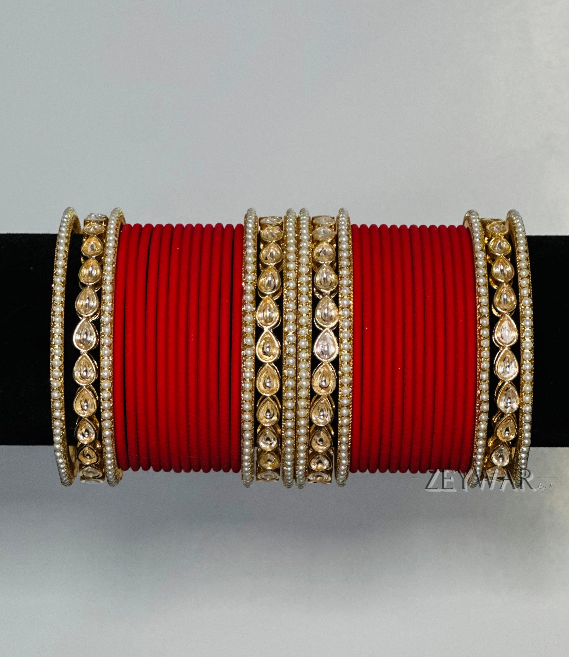 BANGLES | Red | Glass Bangles with Kundan & Pearl Karey