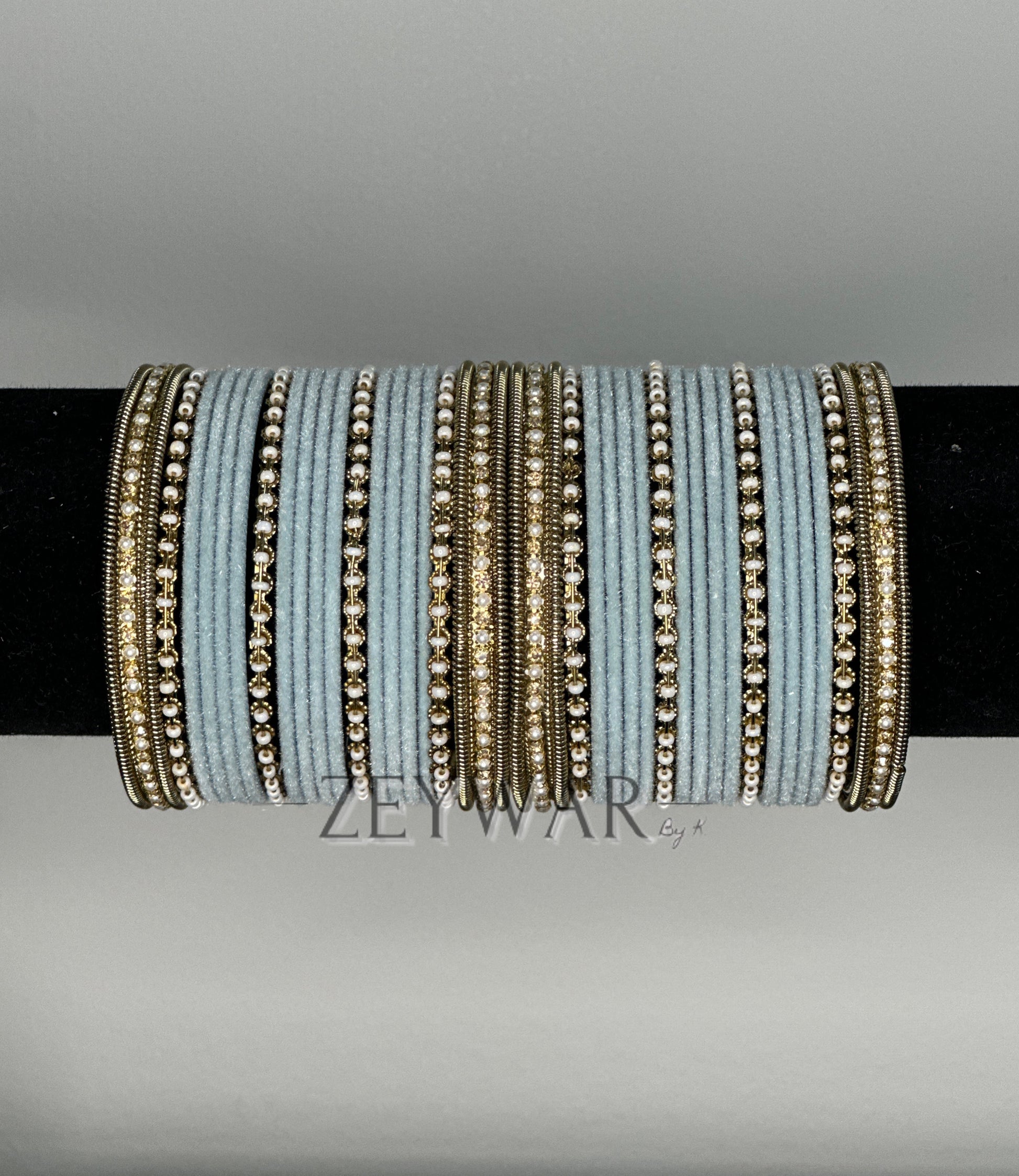 BANGLES | Baby Blue | Velvet Bangles with Pearl & Polki Karey