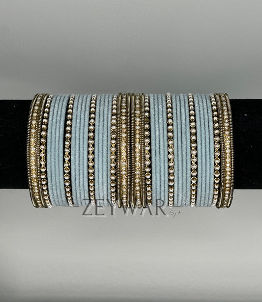 BANGLES | Baby Blue | Velvet Bangles with Pearl & Polki Karey