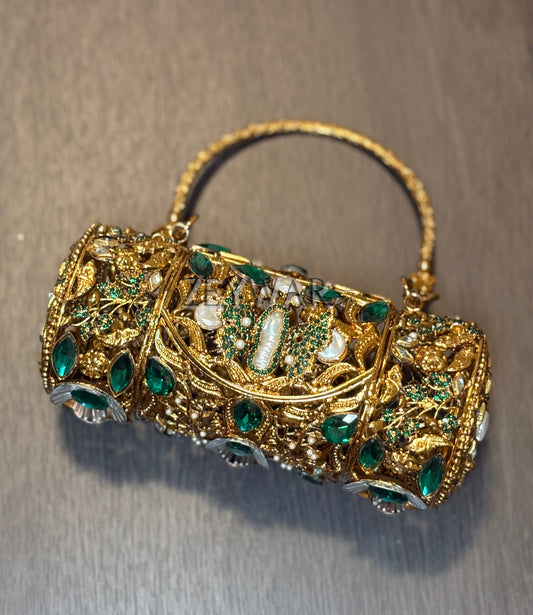SHYLA | Large Embellished Kundan & Metal Clutch with Top Handle