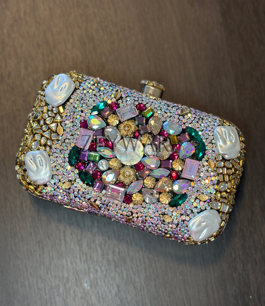LEINA | Large Embellished Kundan & Metal Clutch