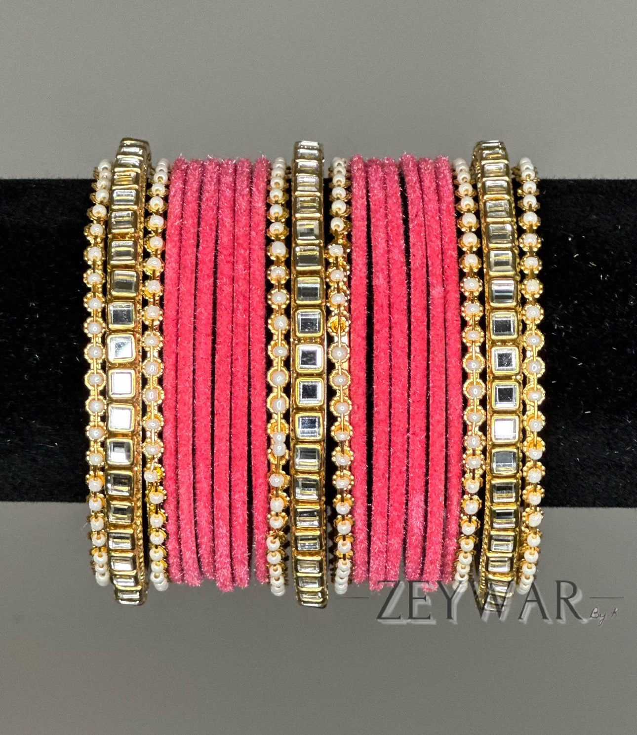 BANGLES | Coral Pink | Velvet Bangle with Kundan Dividers