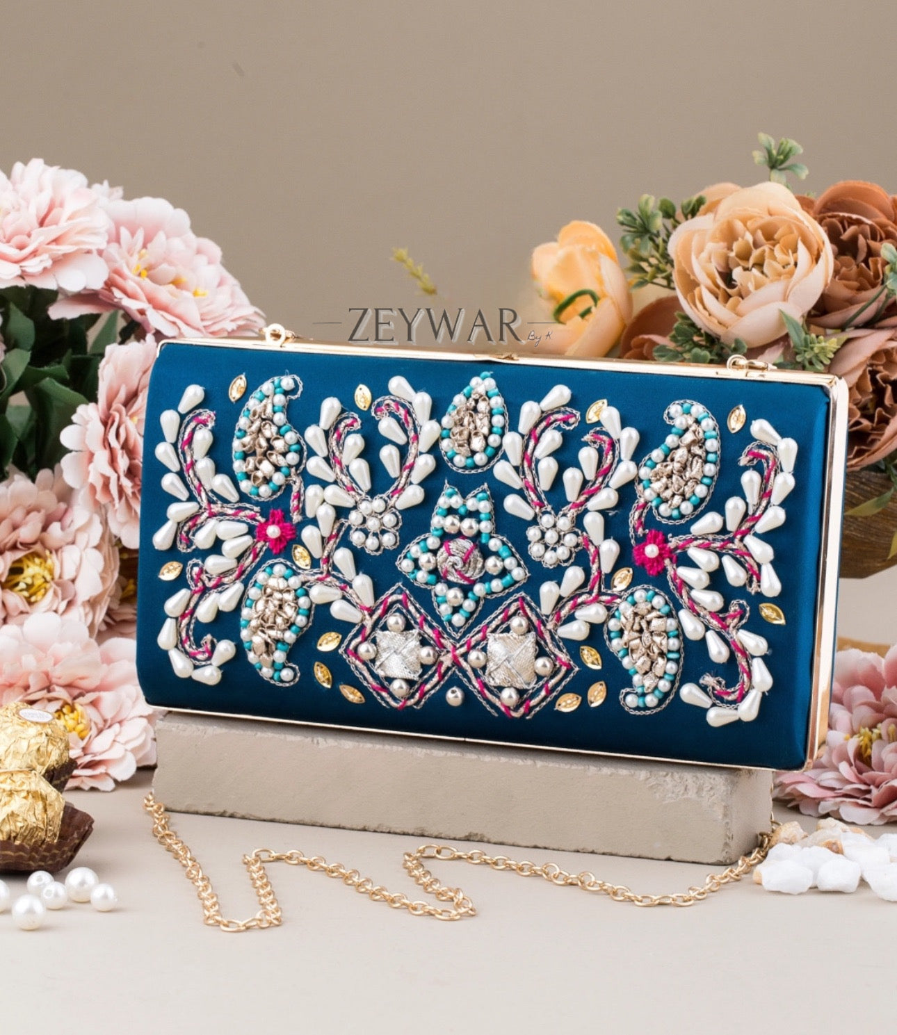 ARAISH | Velvet Clutch With Pearl Work