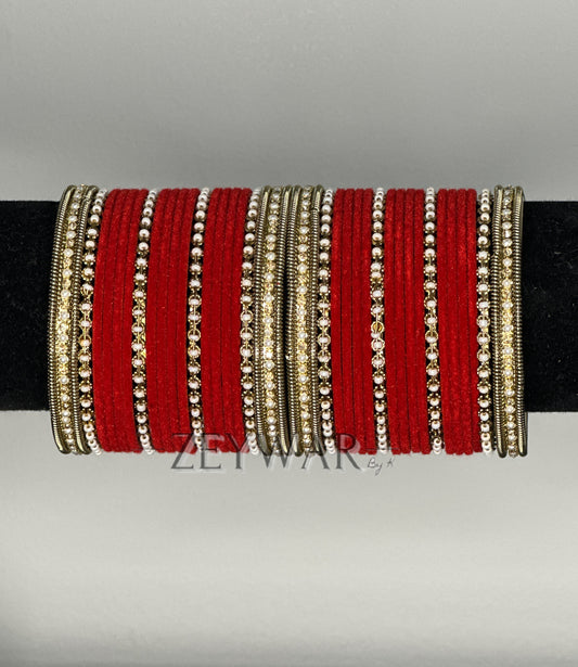 BANGLES | Red | Velvet Bangles with Pearl & Polki Karey