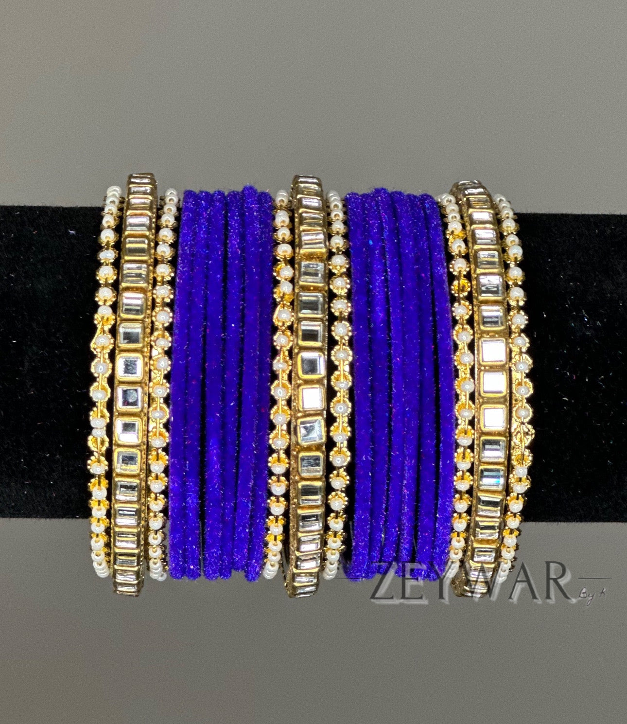 BANGLES | Dark Purple | Velvet Bangle with Kundan Dividers