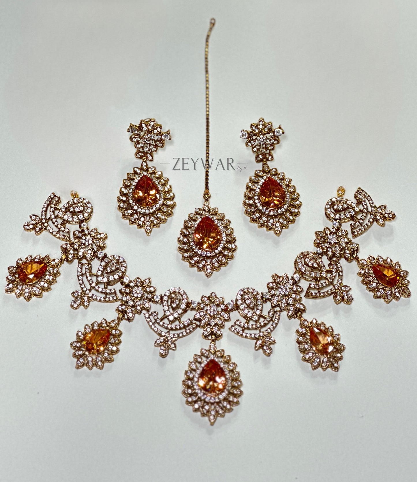 HAFSA [Gold] | CZ Neckline with Earrings & Tikka