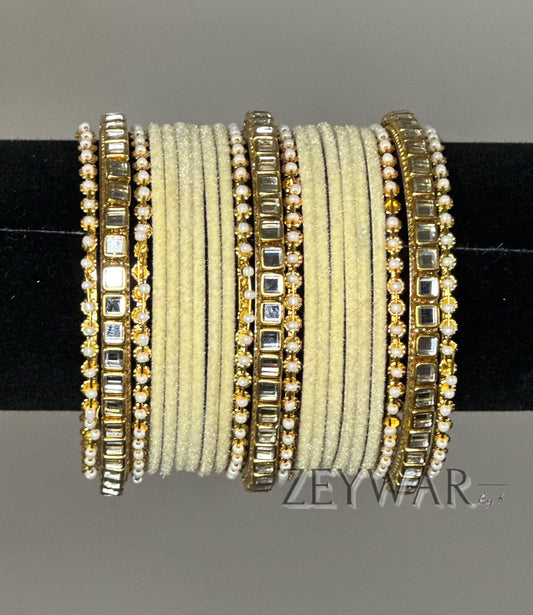 BANGLES | Off-White | Velvet Bangle with Kundan Dividers