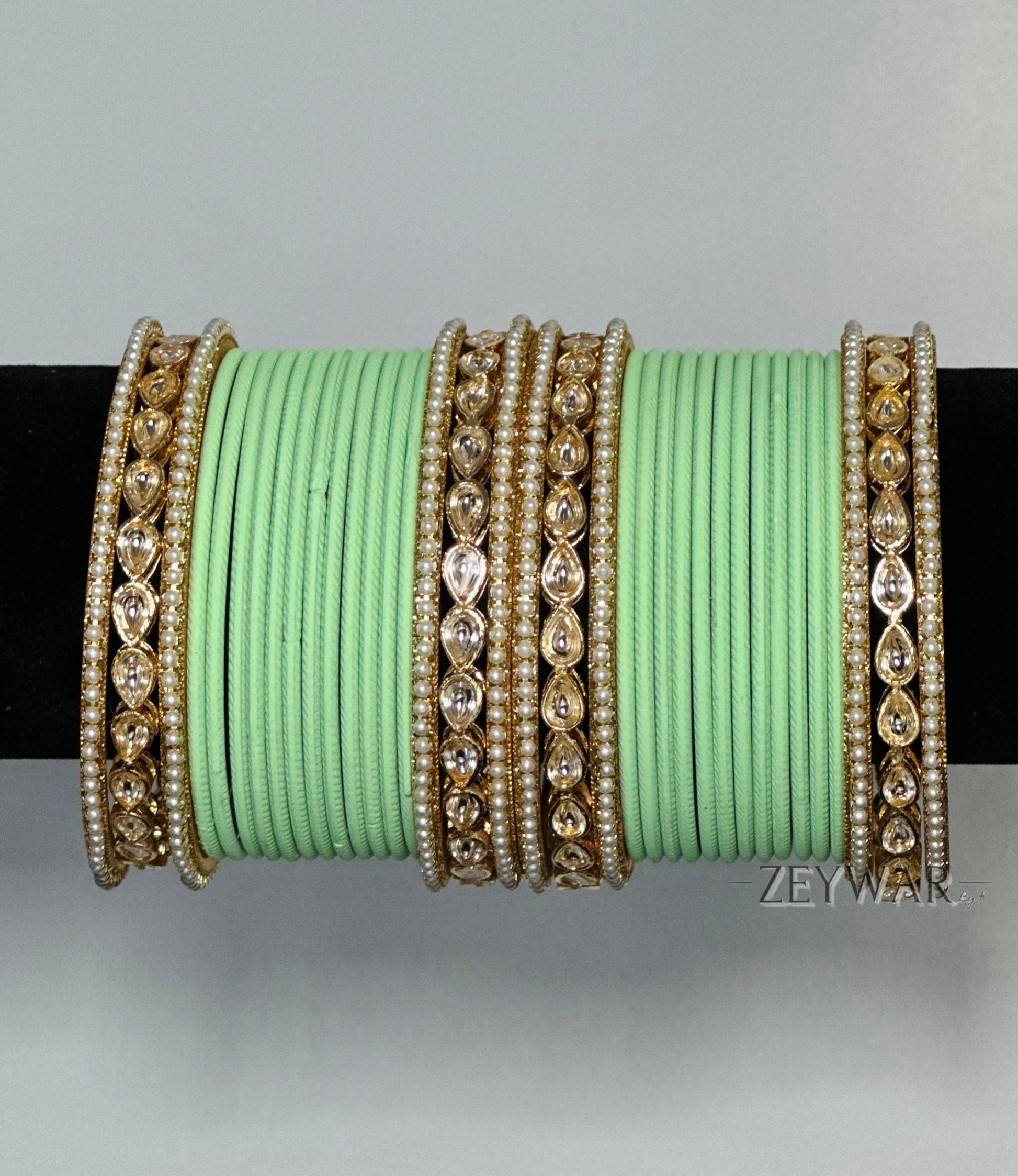 BANGLES | Mint Green | Glass Bangles with Kundan & Pearl Karey