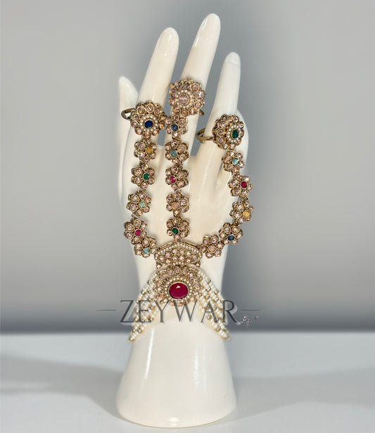 POONAM | Polki & Pearl 3 Ring Hand Chain