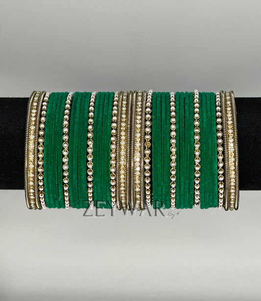 BANGLES | Green | Velvet Bangles with Pearl & Polki Karey