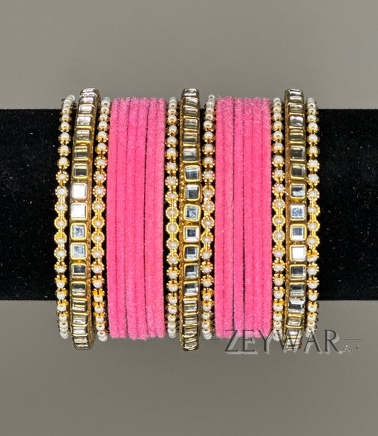 BANGLES | Neon Pink | Velvet Bangle with Kundan Dividers