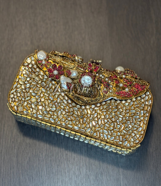 NAMAH | Large Embellished Kundan & Metal Clutch