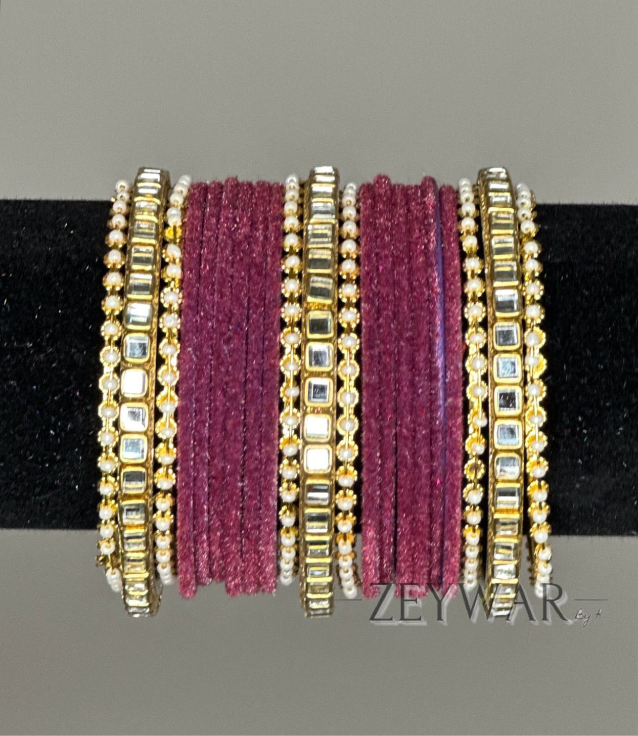 BANGLES | Plum Purple | Velvet Bangle with Kundan Dividers