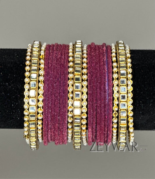 BANGLES | Plum Purple | Velvet Bangle with Kundan Dividers