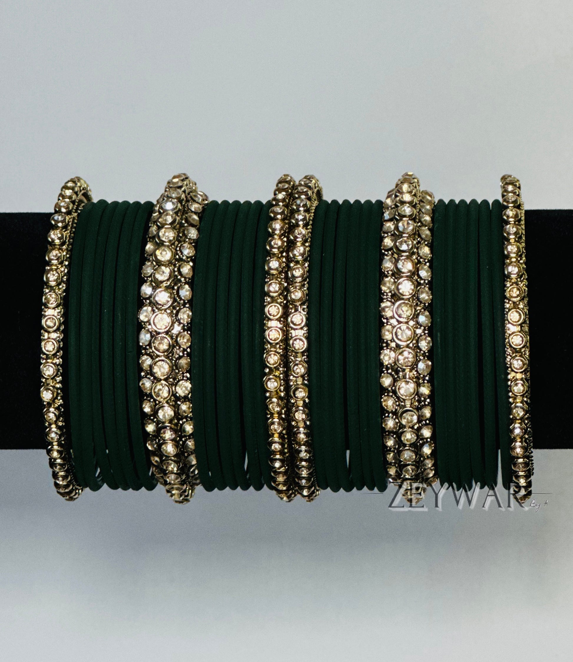 BANGLES | Dark Green | Glass Bangles with Polki Karey