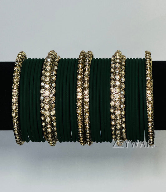 BANGLES | Dark Green | Glass Bangles with Polki Karey