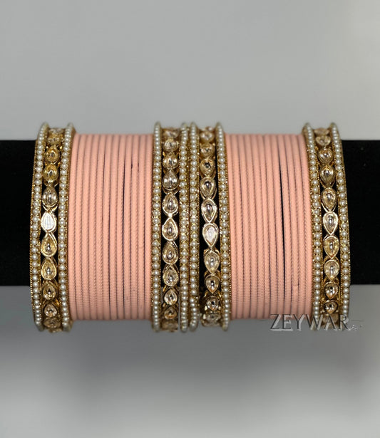 BANGLES | Peach | Glass Bangles with Kundan & Pearl Karey