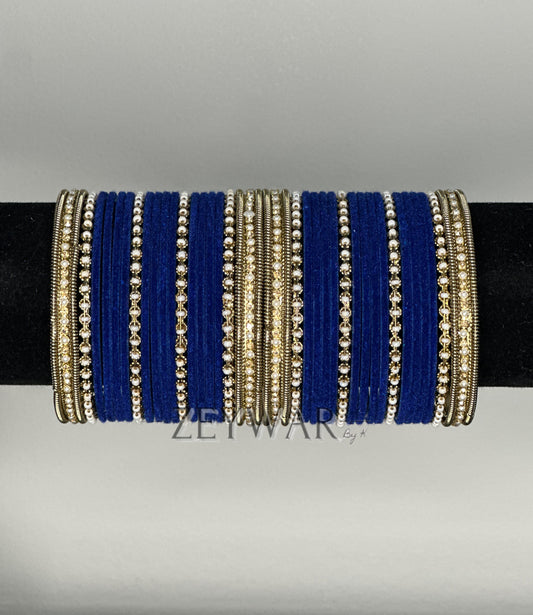 BANGLES | Navy Blue | Velvet Bangles with Pearl & Polki Karey