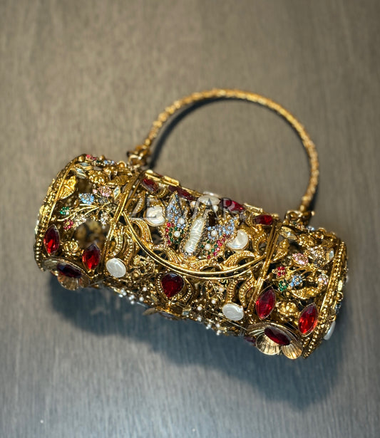 DISHA | Large Embellished Kundan & Metal Clutch with Top Handle