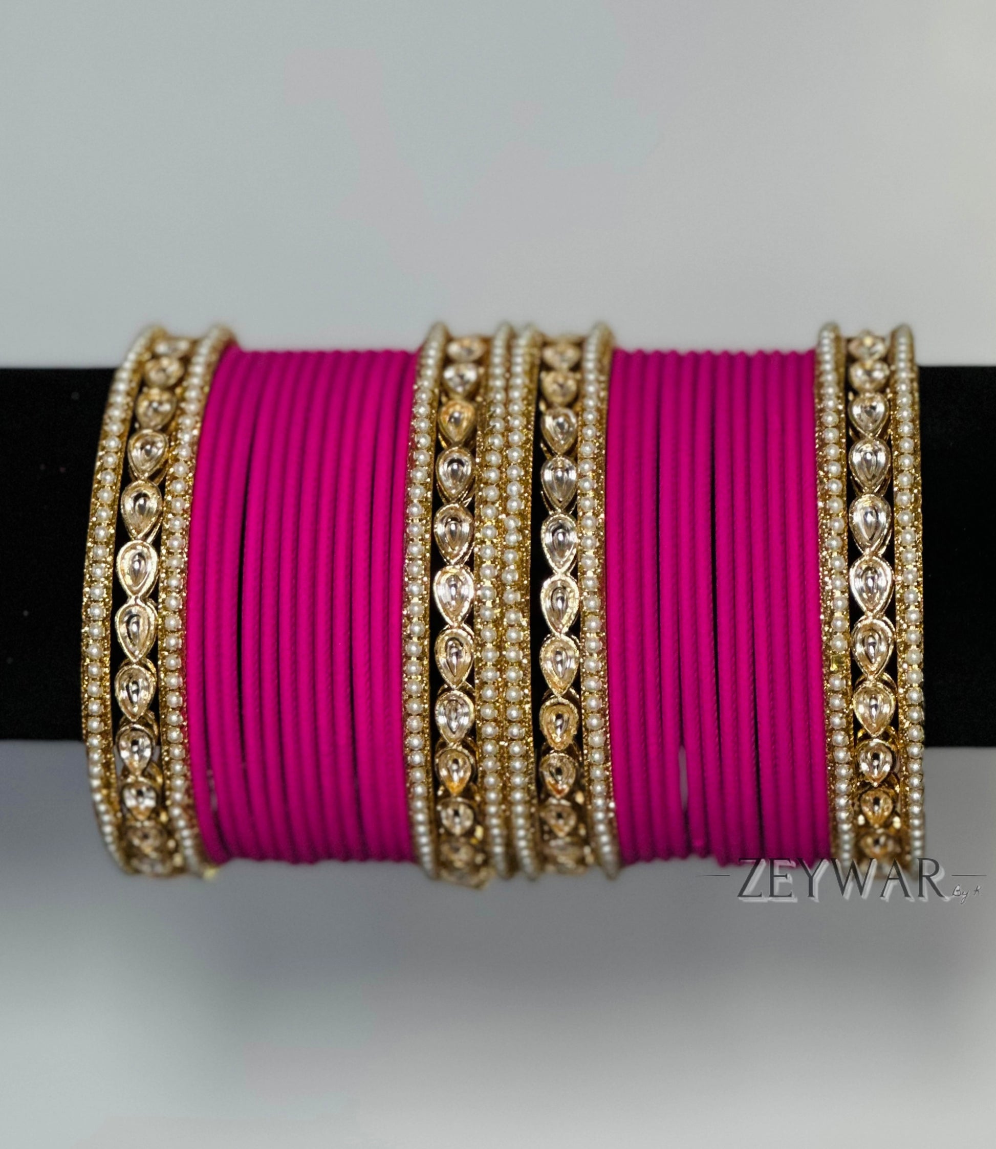 BANGLES | Hot Pink | Glass Bangles with Kundan & Pearl Karey