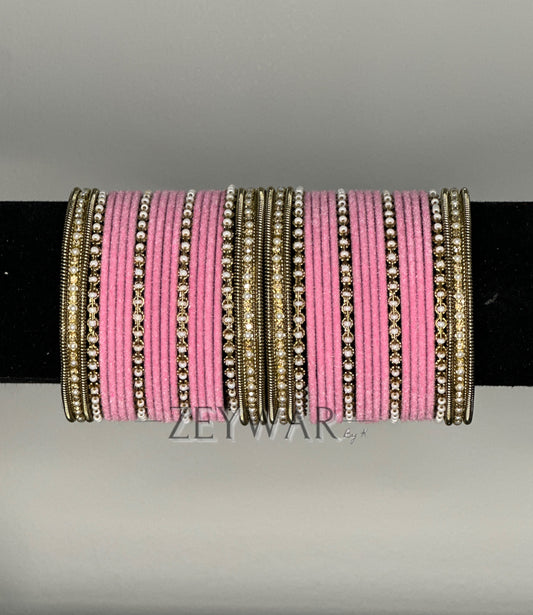 BANGLES | Baby Pink | Velvet Bangles with Pearl & Polki Karey
