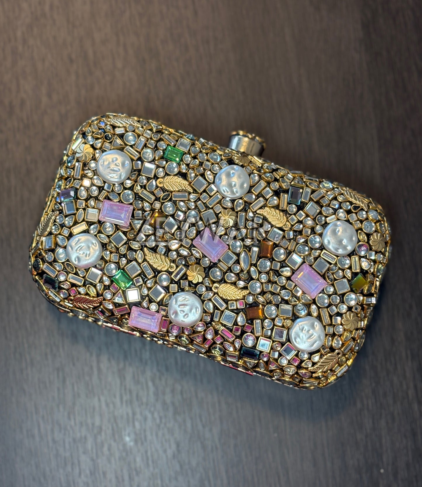 LEINA | Large Embellished Kundan & Metal Clutch
