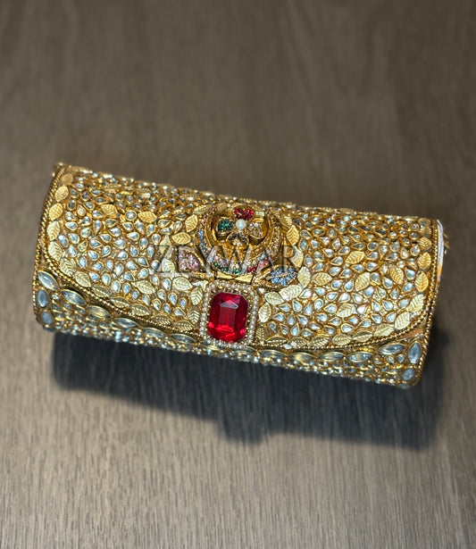 LINA | Medium Cylinder Shaped Metal & Kundan Clutch