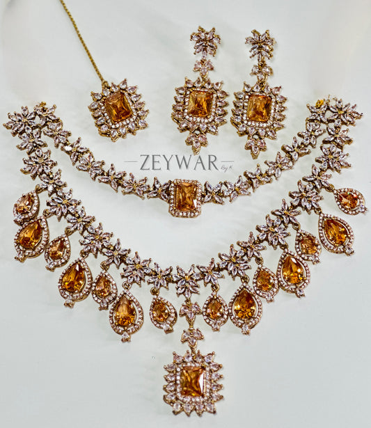 AMEERAH [Gold] | CZ Double Layer Necklace with Earrings & Tikka