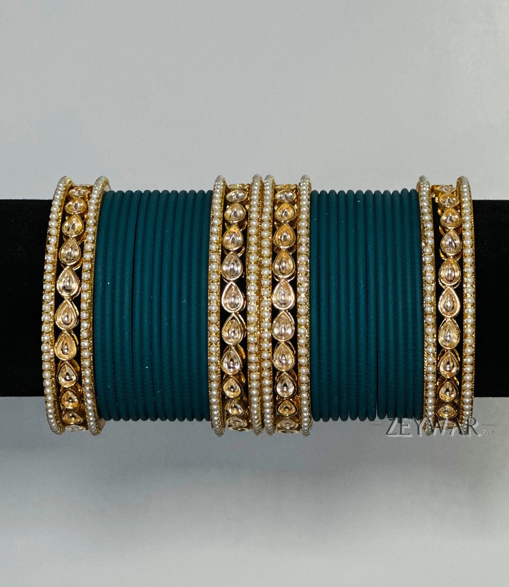 BANGLES | Teal Blue | Glass Bangles with Kundan & Pearl Karey