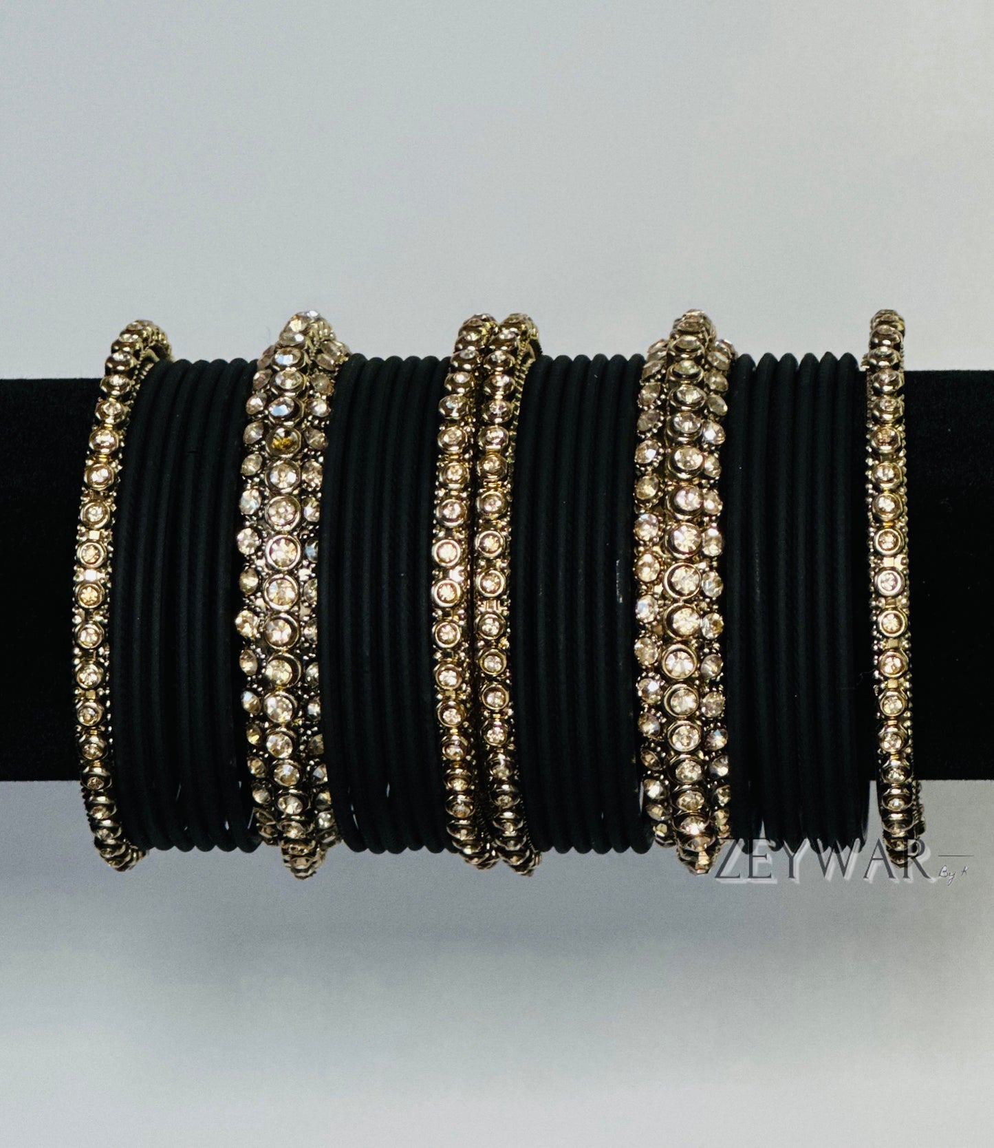 BANGLES | Black | Glass Bangles with Polki Karey