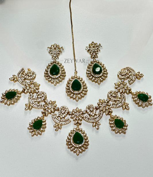 HAFSA [Gold] | CZ Neckline with Earrings & Tikka