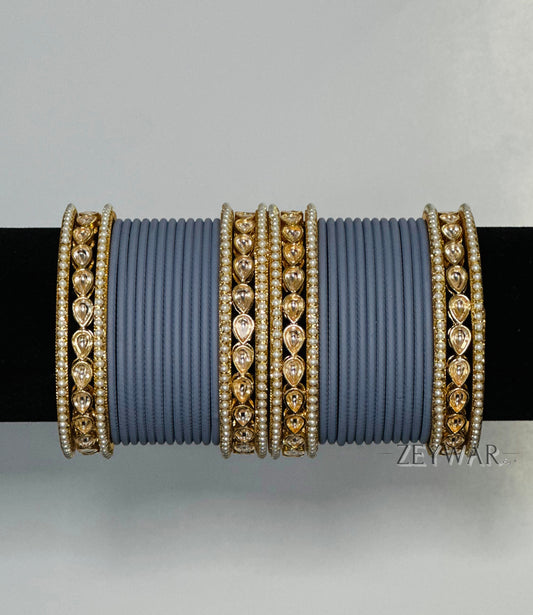 BANGLES | Light Gray | Glass Bangles with Kundan & Pearl Karey