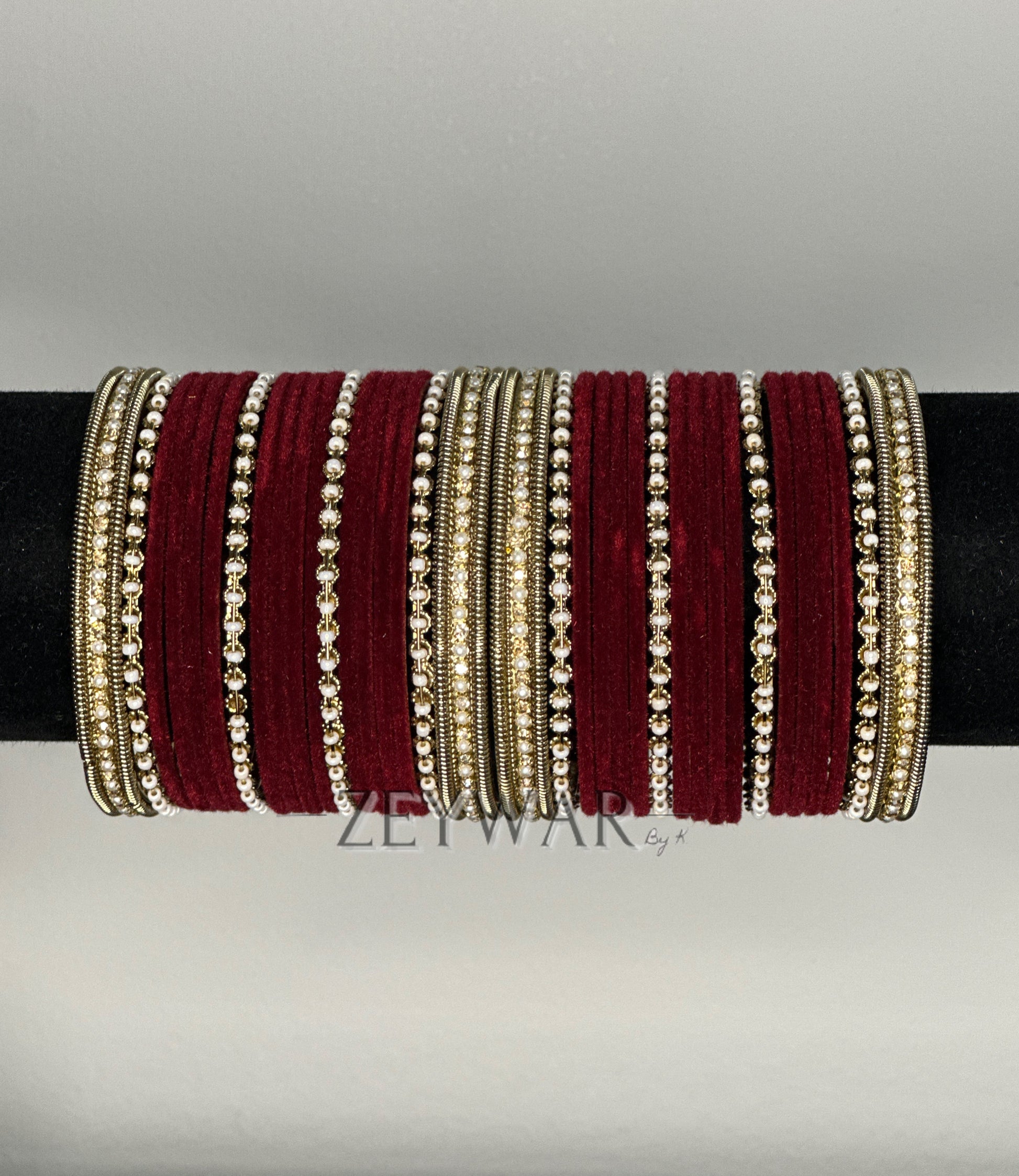 BANGLES | Maroon | Velvet Bangles with Pearl & Polki Karey